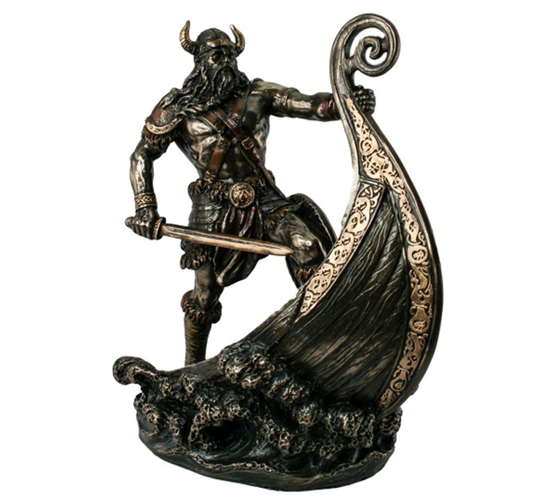 Viking stands in the bow of the ship