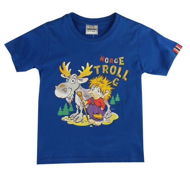 Main Image Children t-shirt, troll boy with moose, sky blue