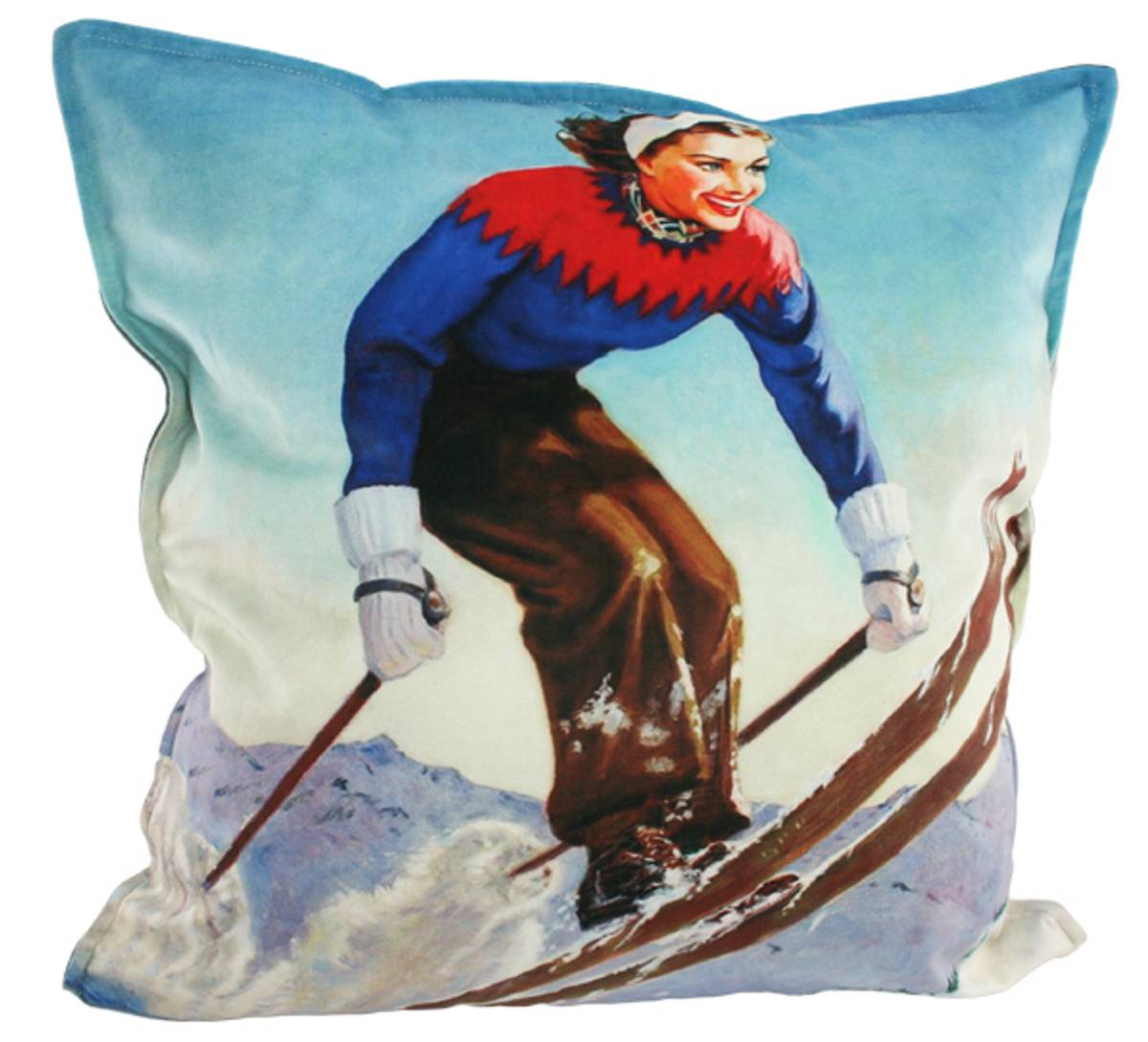 Velor cushion with filling, lady skiing