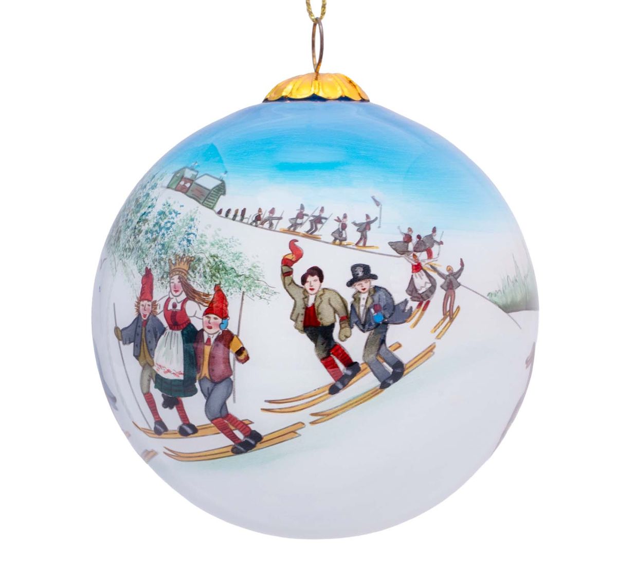 Christmas bauble, bridal party on skis