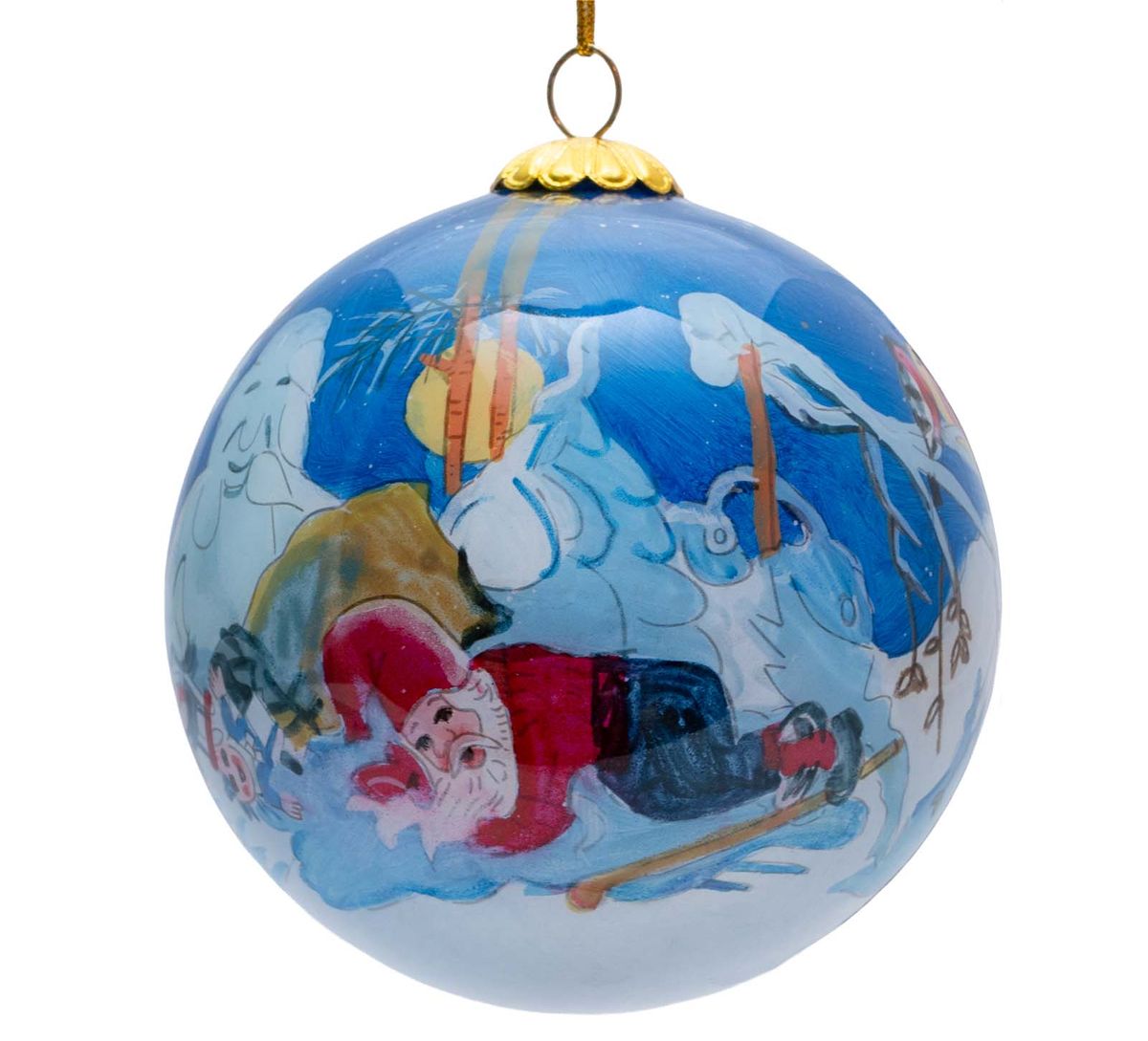 Christmas bauble, skiing santas with presents